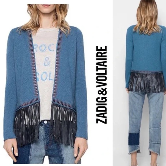 Zadig & Voltaire Marla Cashmere/ Leather Fringe Cardigan Boho Rock Sz M - Picture 1 of 8